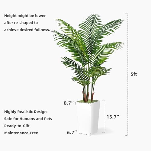 ASTIDY Artificial Palm Tree 5FT - Fake Tree with White Tall Planter - Faux Tropical Areca Floor Plant in Pot - Artificial Silk Plant for Home Office Living Room Decor Indoor