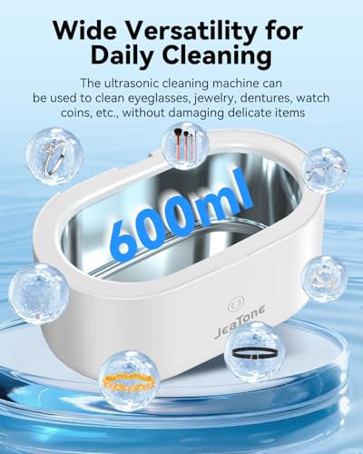 Image of JeaTone 600ML Ultrasonic Jewelry Cleaner with 50ml Jewelry Cleaner Solution | 20oz 304 Stainless Steel Tank, 5-min Timer, Quiet 45dB, 46 kHz High-Frequency Vibration, One-Click Operation,White
