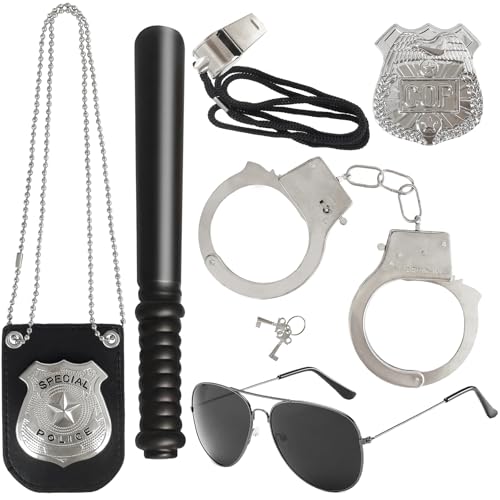 6Pcs Police Pretend Play Toys Set,Kids Detective Set Accessories,Police Officer Costumes with Sunglasses,Badges,Handcuffs,Police Baton,Whistle for Kids