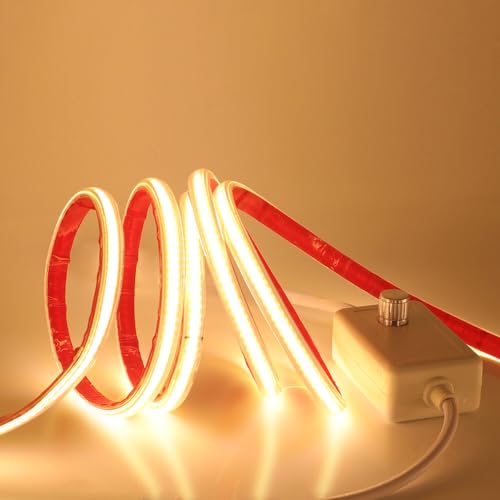 XUNATA Dimmerabile Striscia LED COB 220V con Nastro Adesivo, IP65 Impermeabile, Alta luminosità 288 LED/m Nastri LED con Alimentazione con Dimmer (6m, Bianco Caldo)