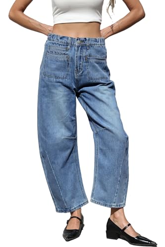 D-Sun Women Casual Mid Rise Barrel Jeans Wide Leg Cropped Horseshoe Denim Trousers Baggy Vintage Boyfriend Denim Pant Pocket