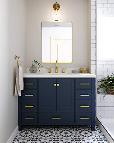 Ariel 49" Midnight Blue Bathroom Vanity W/ 1.5" Edge Pure White Quartz Countertop & Backsplash | Single Rectangular Sink | 2 Soft Closing Doors & 9 Full Extension Dovetail Drawers | Satin Brass Pulls #TOP3