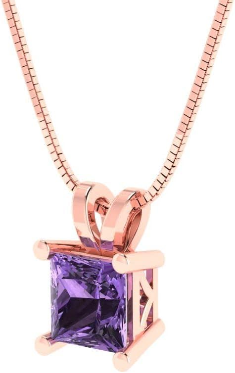 Clara Pucci 14K Rose Gold Plated Solitaire 18" Box-Chain Necklace - Sterling Silver 2.5ct Princess Cut Alexandrite Pendant - Image 2