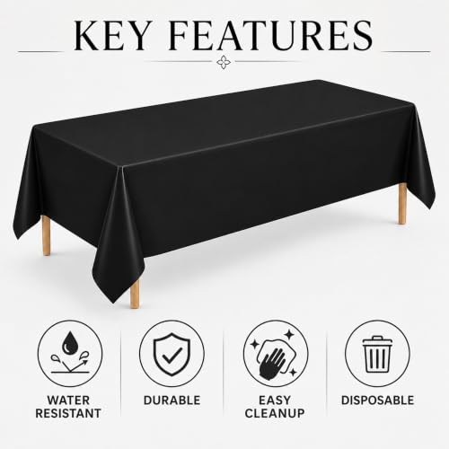 Image of WNINK 2 Pack Black Plastic Tablecloths, 54 x 108 Inch Disposable Covers