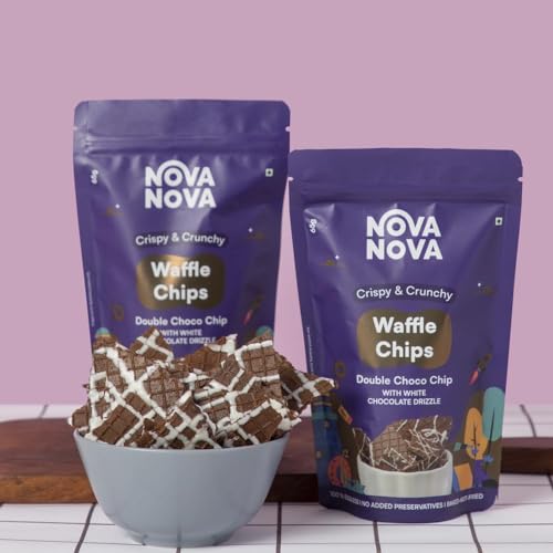 Image of Nova Nova Waffle Chips - Double Choco Chip with Chocolate Drizzle | 100% Eggless | Freshly Baked | Pack of 2 (130g)
