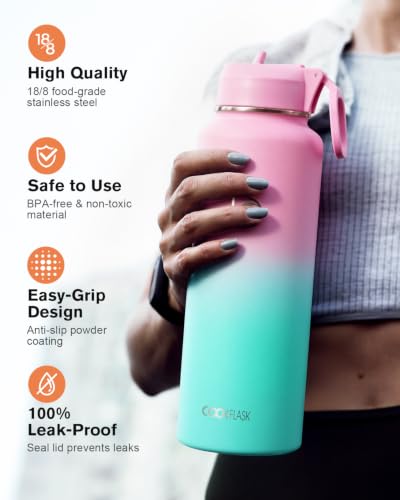 Image of Coolflask 40 oz Water Bottle Insulated with Straw & 3 Leakproof Lids