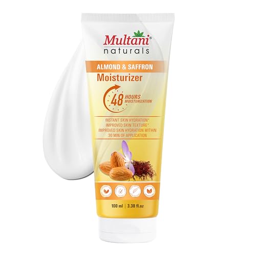 Image of Multani Naturals Moisturizer Almond & Saffron (100 ml) Face & Body | Dermatologically Tested | 48-Hours Moisturization & Skin Brightening | Ayurvedic Formula with Shea Butter & Kokum Butter | Non-Greasy & Paraben-Free | for All Skin Types