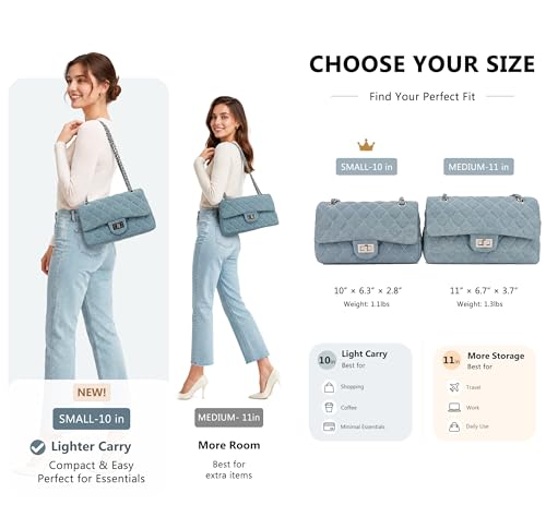 Image of M-ioi-M Quilted Denim Crossbody Bags for Women, Chain Strap Shoulder Bags, Medium Double Flap Purse, Gold Hardware Jean Purse