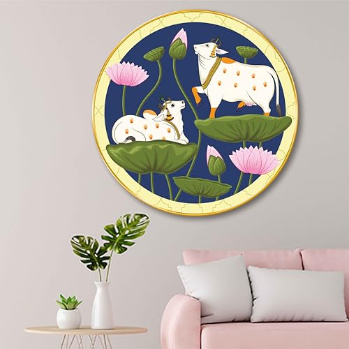 Image of SAF Round Kamdhenu Cow with Lotus Wall Painting - Golden Frame | Traditional Indian Art | Spiritual Wall Decor for Living Room Temple Pooja Room Office