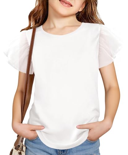 Haloumoning Girls Mesh Ruffle Sleeve Shirts Kids Cute Crewneck Tops Casual Summer Blouse 5-14 Years
