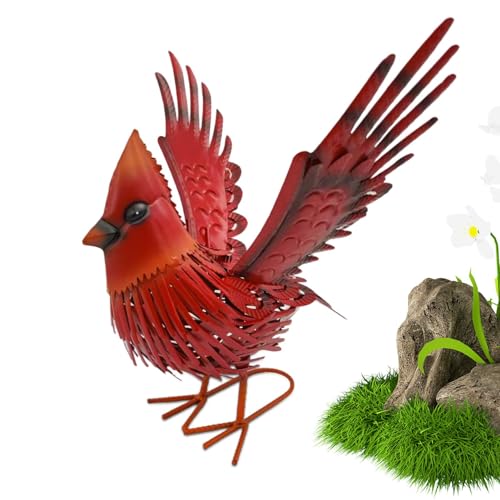 Statue d'oiseau rouge en métal artisanal chic avec piquet pour une déco jardin d'exception