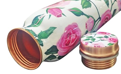 Botella de agua de cobre de 950 ml con estampado de rosas y vasos 7