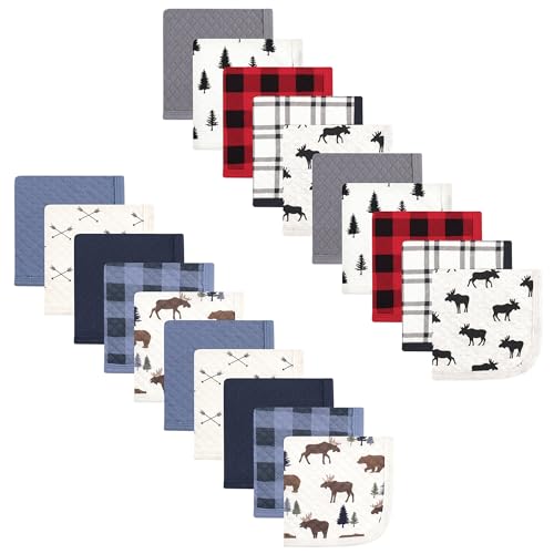 Image of Hudson Baby Unisex Baby 20Pc Quilted Cotton Washcloths, Moose Moose Bear, One Size