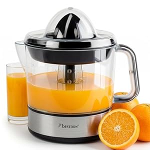 Bestron elektrische Zitrus- & Orangenpresse, inkl. 2 Presskegel und Aromadeckel, Motor mit zwei Drehrichtungen (links/rechts), Füllmenge: 0.7 Liter, 40 Watt, Farbe: Silber, ACJ350Z