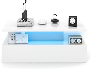 Multigot LED Coffee Table, 2 Tier Cocktail Center Table with Adjustable Light Colors, Speed and Brightness, High Glossy Rectangle Sofa Side Tea Table for Living Room Office (White)