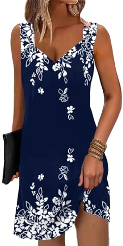 SAUKOLE Summer Dresses for Women Casual Loose Sleeveless Tank Dress Fashion V Neck Flowy Mini Short Sundress