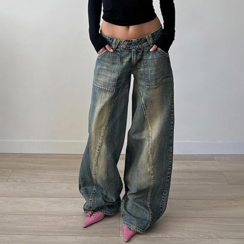 Women Vintage Denim Washed Jeans Low-Rise Pockets Baggy Full Length Pull-On Trousers2