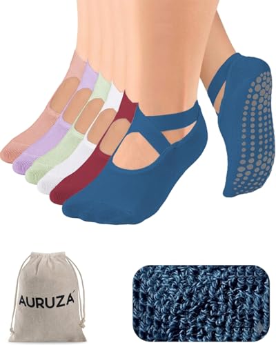 Image of AURUZA Pilates Grip Socks for Women Non Slip Skid Yoga Socks with Grips Straps for Ballet Dance Workout Gripper Sock
