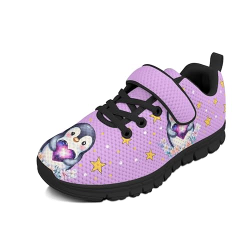 Boys Girls Sneakers Kids Lightweight Breathable Strap Athletic Running Shoes for Little Kid/Big Kid Penguin Star Floral Pattern（Black Sole）