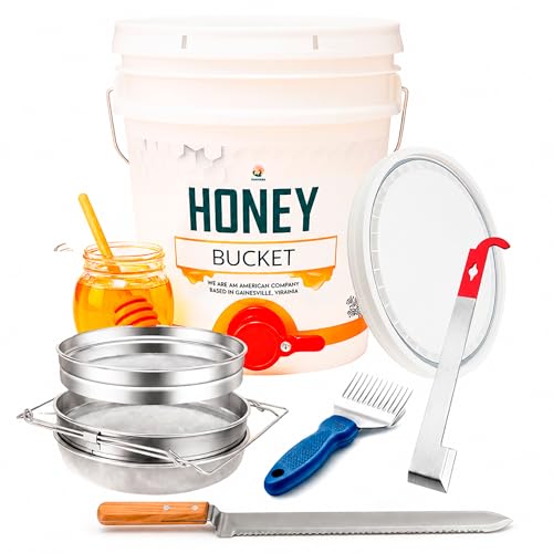 SunVara Honey Bucket with Gate 5 Gallon Kit - Stainless Steel Double Layer Strainer, Honey Scrapper Tool Beekeeping Equipment, Honey Extractor Equipment, Bee Supplies