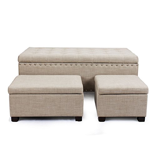 Adeco Fabric Rectangular Button Tufted Nail Head Trim Trio Storage Ottoman Bench, Off White (Beige) (Set of 3), Brown