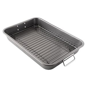 Chef Pomodoro Nonstick Carbon Steel Roasting Pan Roaster with Flat Rack, 16 x 11-Inch (41cm x 28 cm), Large, Grey, Bakeware Rectangular Oven BBQ Baking