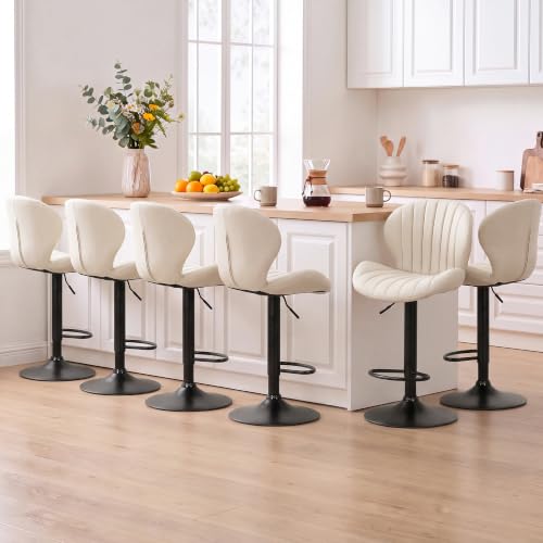Image of MALOL Bar Stools Set of 6, Swivel Adjustable Height Leather Bar Chair,Beige