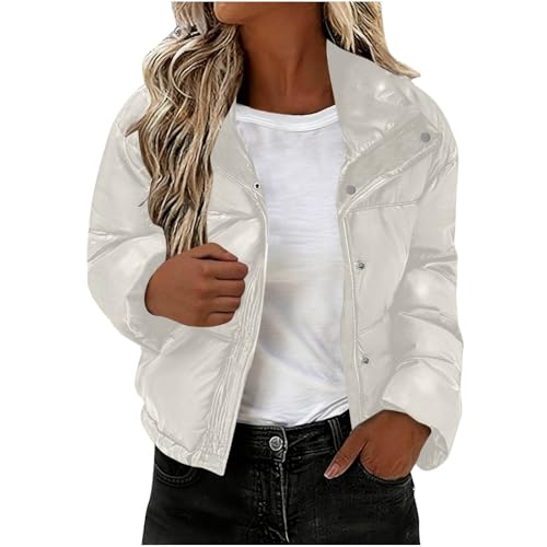 Down Jackets for Women Padded Quilted Jacket Warm Puffer Coats Zip Up Lapel Coat Waterproof Windproof Overcoat Long Sleeve Loose Outerwear Button Softshell Thick Jackets with Pockets