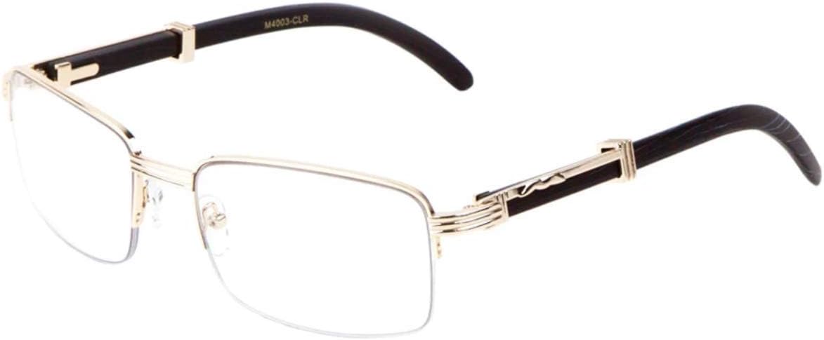 Executive Half Rim Rectangular Metal & Wood Eyeglasses/Clear Lens Sunglasses (Rose Gold & Black Wood w/Case, Clear)