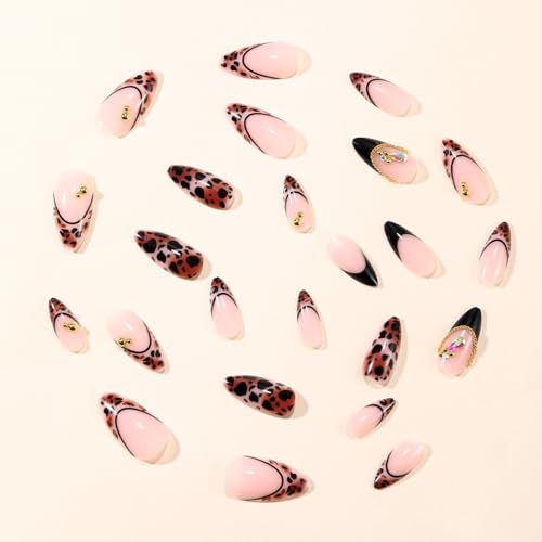 Image of Leopard Print Press on Nails French Tip Fake Nails with Gold Design Glossy Full Cover Glue on Nails Medium Almond False Nail Artificial Acrylic Diamond Stick on Nail for Women Manicure 24Pcs