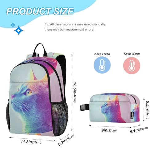 Travel Backpack Lunch Bag Set for Hiking Picnic, Backpacks with Insulated Lunch Box Neon Cat Print2