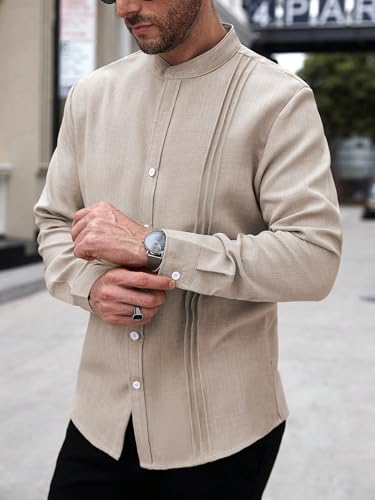 Image of TAGDO Men's Mandarin Collar with Button-Down Shirts | Full Sleeve Linen Casual Shirt for Man | Stylish Summer - Regular Fit Office, Party (2047)