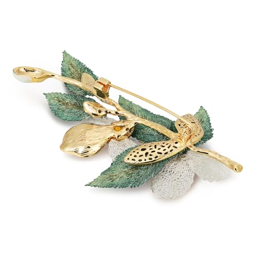Image of Handmade Embroidery Flower Brooch Pins for Women, SHE'S FREE STYLE JUST FOR YOU Luxury Gradient Stitching Floral Brooch Pins with Crystal stamen, Enamel Metal Butterfly with Green Leaves, Hand Dripping Oil Jewelry pins