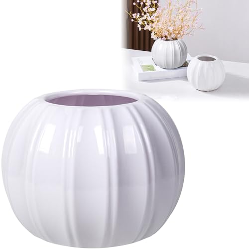 Pumpkin Shape Plastic Vase for Dry Flower Halloween Thanksgiving Decorations - Pampas Gras Flower Decorative Vase Fall Decorations - Modern Pot for Home Room Office Party Wedding (White)