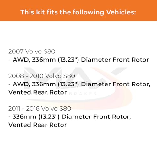 Image of Max Advanced Brakes Front & Rear Brake Kit Compatible With 2007-2014 2015 2016 Volvo S80 w / 13.23 inch Fr Vented Rr Rotor Replacement Premium OE Disc Brake Rotors and Ceramic Brake Pads