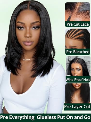 Image of KLAIYI Bye Bye Slip Layer Cut Yaki Straight Bye Bye Knots Bob Wig Human Hair Glueless Drawstring Precut 7x5 Lace Front Wigs Pre Plucked Bleached Ready to Wear and Go Beginners Wig 180% Density 12Inch