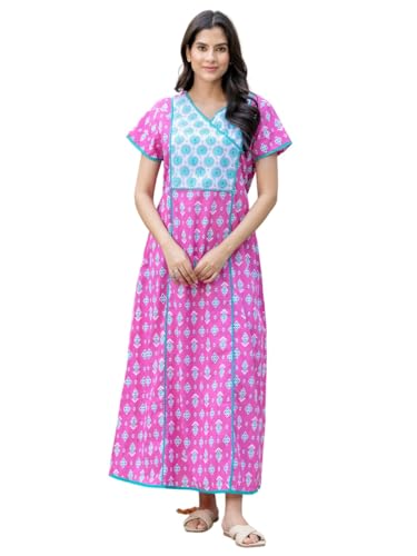 Image of NIHSAMAH Cotton Night Gown for Women - Angrakha Style Nighty, Comfortable Sleepwear /Nightwear /Maxi