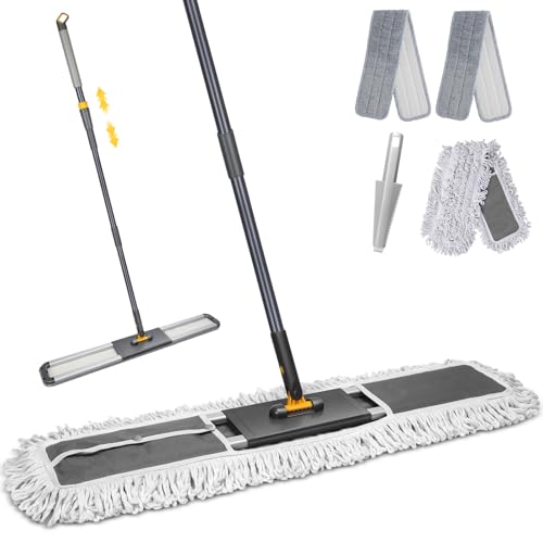 MASTERTOP 90cm Serpillère Professionnelle en Aluminium, Balai Commercial avec Manche Télescopique, Vadrouille Industriel Rotative 360° pour Bureau, Entrepôt, Garage, avec 3 Tampons (Gris)