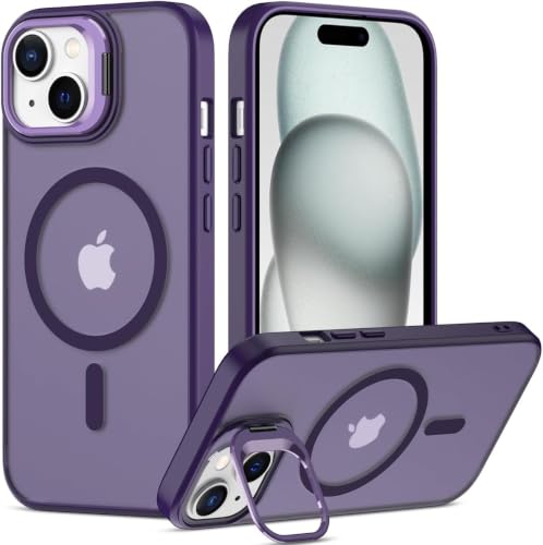 Image of Elzzi Kickstand Case for iPhone 15 Case Compatible with MagSafe, Built-in Adjustable Camera Guard Stand, Translucent Matte Anti-Fingerprint Heavy Duty Shockproof Phone Cover - Deep Purple