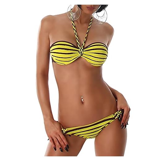 Angies Glamour Fashion Randig bandeau bikini med dekorativa glitter och halsband, GUL, S