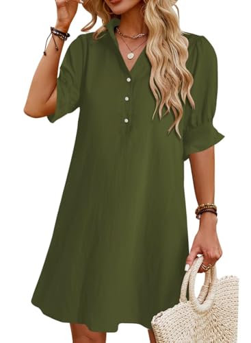 Image of Womens Summer Shirt Mini Dresses 2026 Beach | Flowy Shift Dress, Button V Neck, Polo Collar, Ruffle Short Sleeve, Floral Boho Style, Casual Vacation Outfits with Pockets