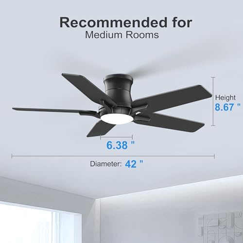 POCHFAN 42 Inch Black Ceiling Fans with Lights and Remote, Flush Mount Low Profile Ceiling Fan for Bedroom, Living Room, Patio, Dimmable 6 Speeds Noiseless Reversible, ETL Listed by POCHFAN - Used condition - Image 8