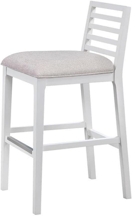 BOWERY HILL Modern Farmhouse Bar Stool, White Solid Wood Frame, Gray Polyester Upholstered Seat, Brushed Nickel Kickplate, 30-Inch Seat Height, Ladder-Back Design, Counter or Bar Room Seating