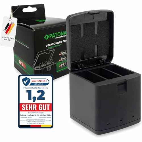 PATONA Premium Caricatore 3in1 Caricabatteria per GoPro Hero 13, AEBAT-201 | Ricarica Simultanea di 3 Batterie | Con Indicatore di Carica e Chiusura a Scatto | Compatto e Leggero | Cavo USB-C