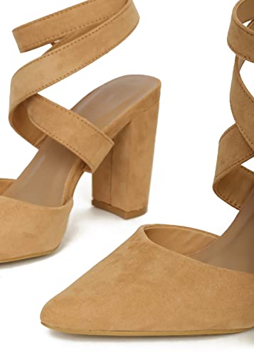 Coutgo Womens Lace Up Ankle Strap Heeled Sandals Chunky Block Pointed Toe Backless Heels #TOP2