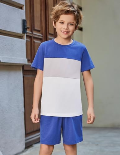 Image of Arshiner Boys' 2-Piece Cotton Outfit Color Block T-Shirt and Shorts Set Summer Camo Clothes for Kids 5-14 Years
