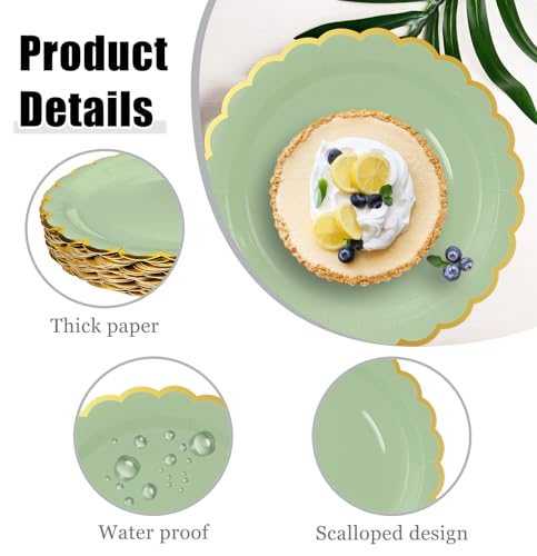 Image of HEIPINIUYE 50 Pieces Sage Green Paper Plates with Gold Foil 7 Inch Disposable Sage Scalloped Dinner Plates for Wedding Baby Shower Birthday Party Dessert Plate
