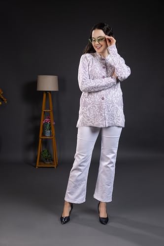 Image of Wear lusso Women Woolen Round Neck Self Design Cardigan | Heavy Hair Fabric Winter Wear | Pure Wool Long Cotty Fully Warm Cardigan Sweater