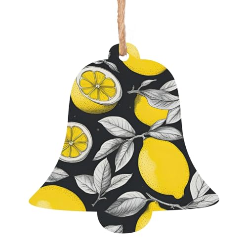 Adornos de madera con estampado de frutas de limón, letreros de puerta en forma de campana, decoración colgante de árbol de Navidad, 4 piezas