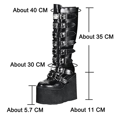 Women Platform Wedge Knee Boots Zip Up Metal Buckle Motorcycle Military Boots Chunky Heels Combat Gothic Punk Black Booties, Black2, 11 #TOP4